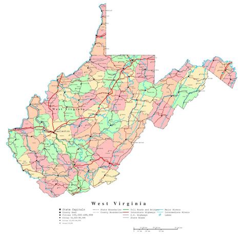 Large detailed administrative map of West Virginia state with roads ...