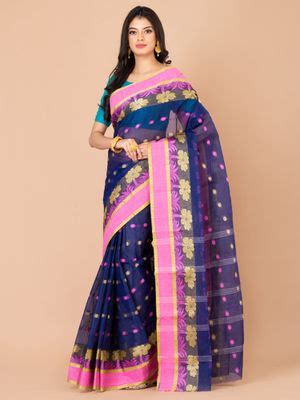 Buy LAA CALCUTTA Navy Blue and Pink Pure Cotton Tant Saree Online
