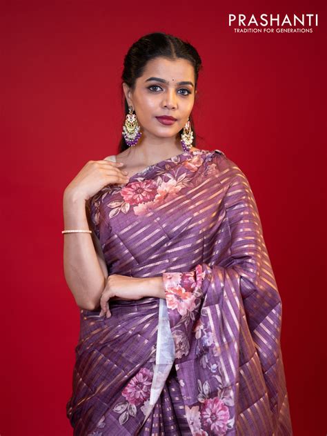 Semi tussar saree deep purple with allover zari woven stripes pattern ...