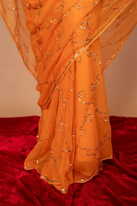 Orange light dark viscose chiffon Aari Sequins jaal handwork casual we