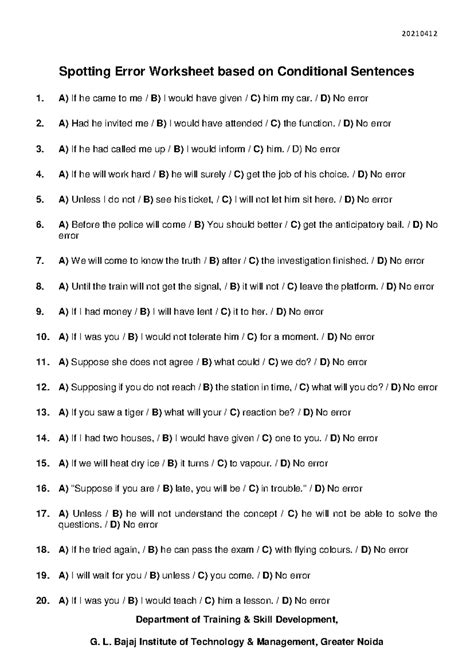 Spotting Error Worksheet based on Conditional Sentences - 20210412 ...