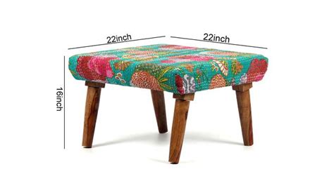 Queens Solid Wood Pouf Stool in Sea Green Fruit Print fabric - Urban Ladder