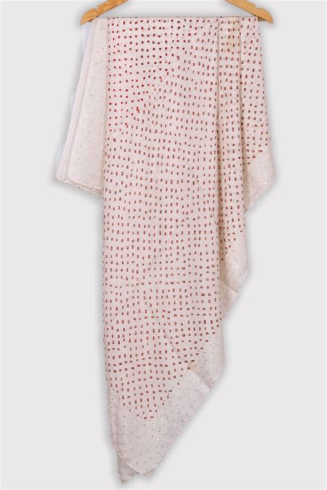 White Bandhani Mulberry Silk Dupatta with Mukaish Work 10072148 ...
