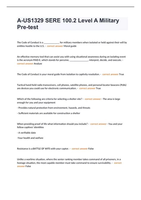 A-US1329 SERE 100.2 Level A Military Pre-test Question and answers 100% ...