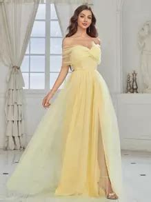 SHEIN Belle Off Shoulder Twist Front High Slit Mesh Bridesmaid Dress ...