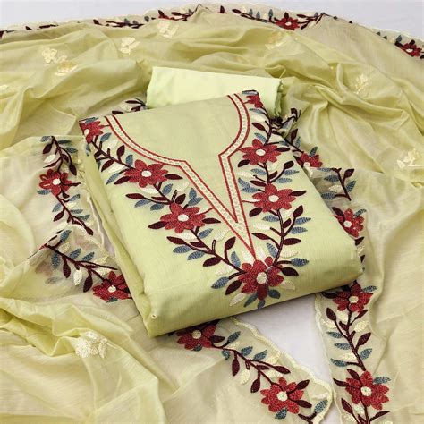 Yellow Floral Embroidered Chanderi Dress Material