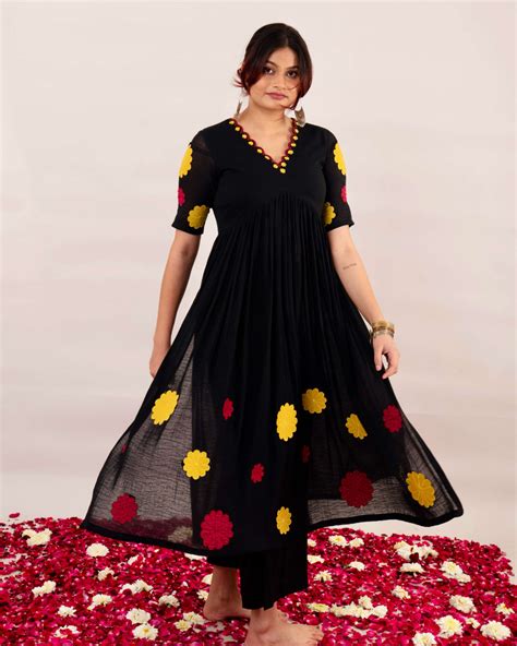Midnight Black and Off White Kurta With Embroidered Floral Patchwork ...