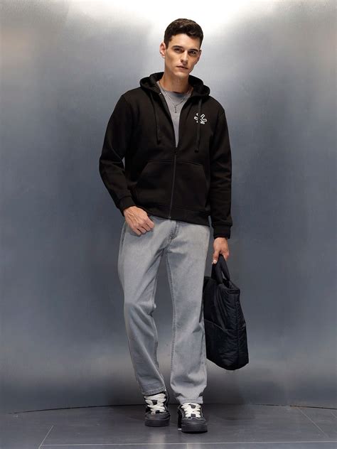 men's casual front zip up hooded sweatshirt | Black – Wrogn