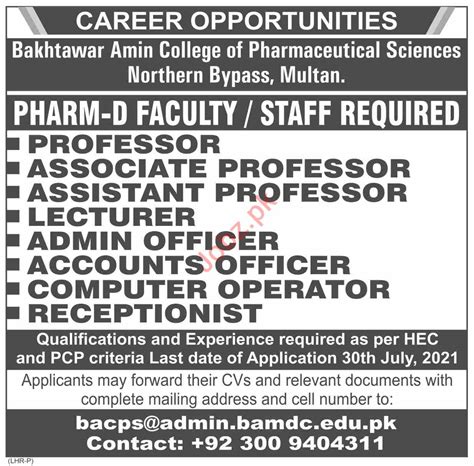 Bakhtawar Amin College of Pharmaceutical Sciences Jobs 2021 2026 Job Advertisement Pakistan