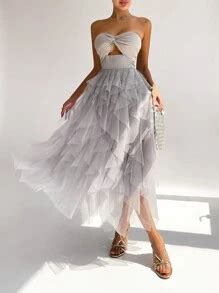 SHEIN Privé Women's Multi-Layered Ruffle Edge Mesh & Tied Hollow Out ...