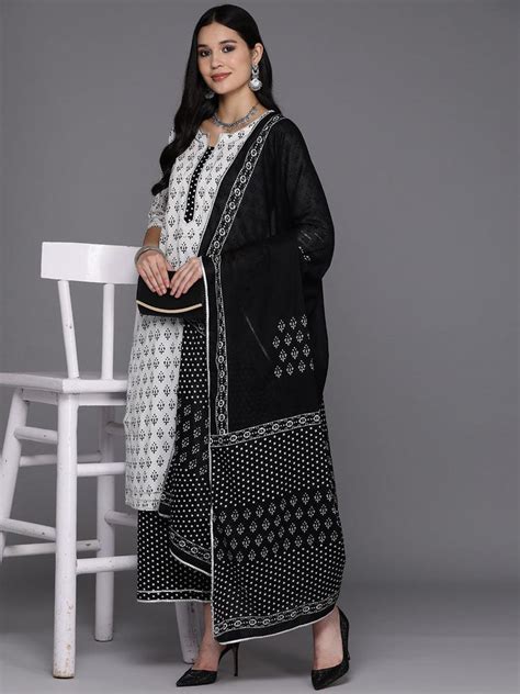Buy White Printed Cotton Straight Kurta With Palazzos & Dupatta Online ...