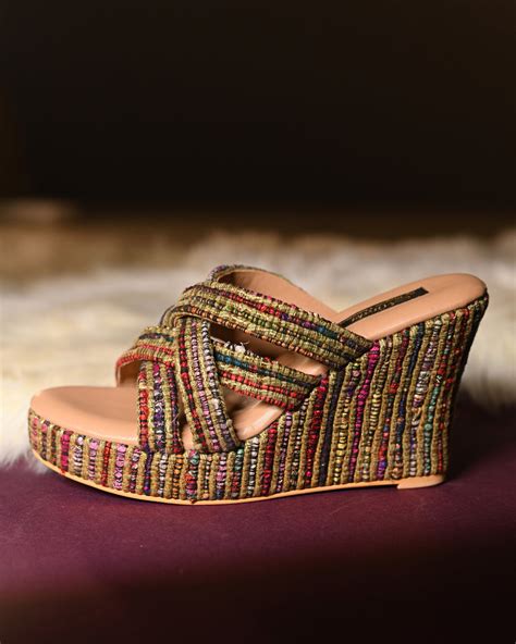 Gold And Jute Multi-Coloured Criss Cross Strap Wedges – Miraki