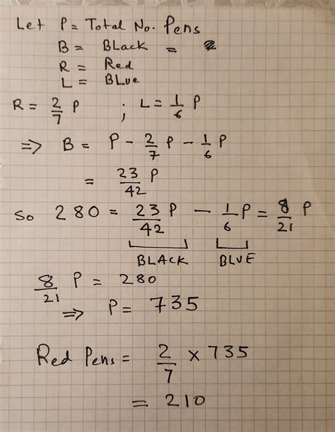 Of the pens in the box, 2/7 of them are red. Of the remaining pens, 1/6 ...