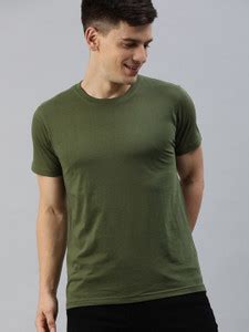 HERE&NOW Solid Men Round Neck Dark Green T-Shirt - Buy HERE&NOW Solid ...