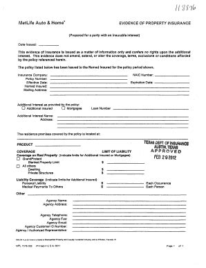 Fillable Online tdi texas MetLife Auto and Home Evidence of Property ...