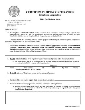 Certificate Of Incorporation Oklahoma - Fill Online, Printable ...