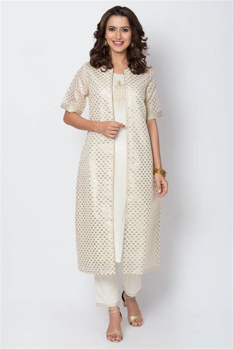 Cream Poly Cotton Front Open Kurta Pant Suit Set at Biba India