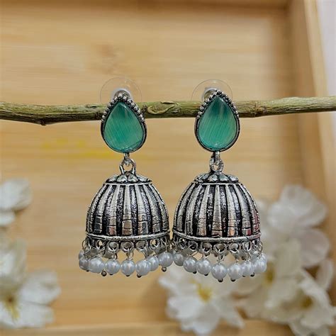 Raas Silver Jhumka - Aqua – SubhagAlankar