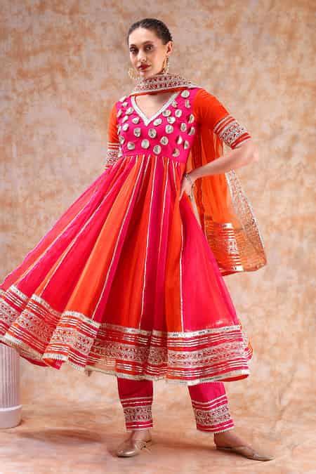 Buy Pink Organza Gota Patti V-neck Applique Embellished Anarkali Set ...