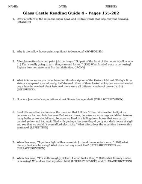 Glass castle reading guide 4 - NAME: DATE: PERIOD: Glass Castle Reading ...