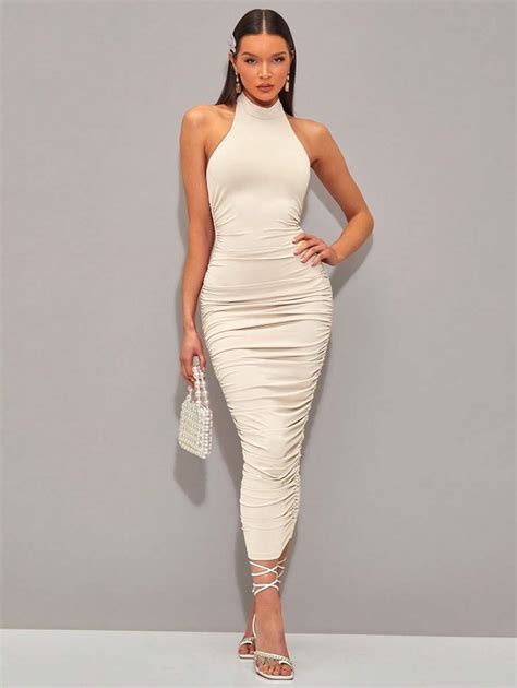 Silquee Solid Ruched Halter Neck Bodycon Dress,White Graduation Dress ...