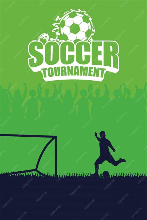 Soccer sport emblem poster with player kicking penalty | Premium Vector