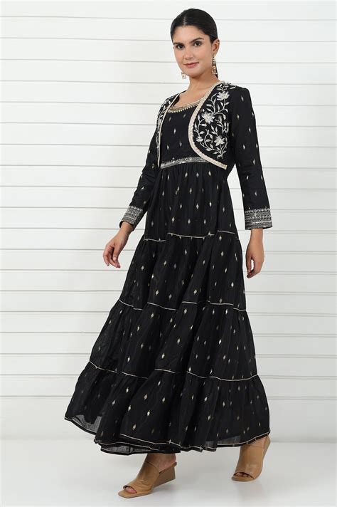 Buy Black Abstract Printed Dori Embroidered Jacquard Flared Dress And ...