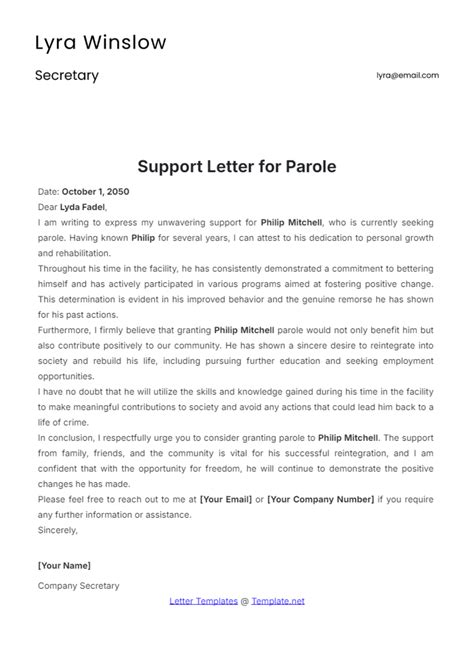 Free Support Letter for Parole Template to Edit Online