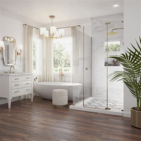 Classy English style bathroom with white cabinets and wooden flooring