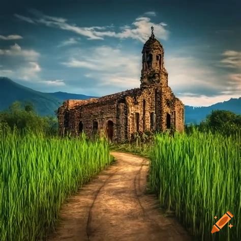Sugar cane field with ruins of old spanish church on Craiyon