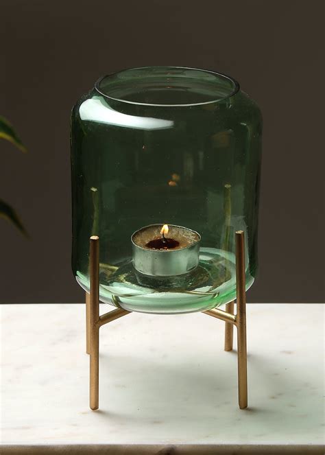 Get Contemporary Style Elegant Green Colored Glass Votive With Metal ...