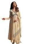 Buy Beige Georgette Embroidery, Mirrors V-neck Chickankari Yoke ...