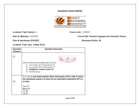 CA 1 CSE322 v1 - ca1v1 - Academic Task Number: 1 Course code: _CSE Date ...