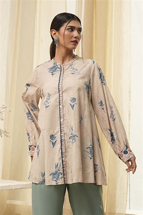 Buy Beige Pure Cotton Shirt-Style A-Line Short Kurta Online at Biba India