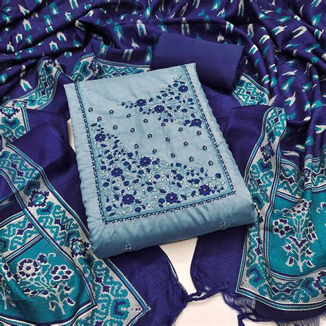 Luxury Blue Chanderi Silk Floral Sequin Embroidered Work Dress Materia