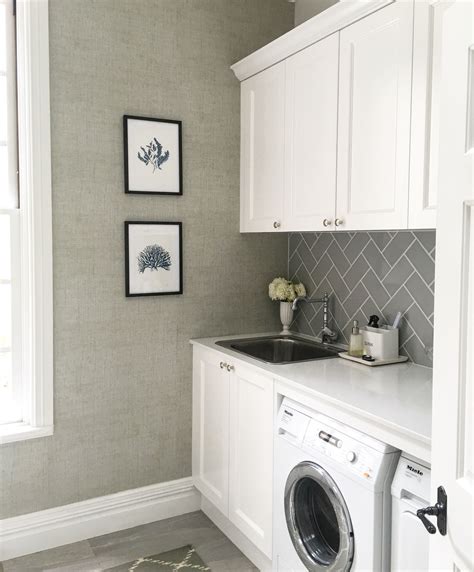 Laundry - Thibaut raffia wallpaper, grey subway tiles, grey stone floor ...