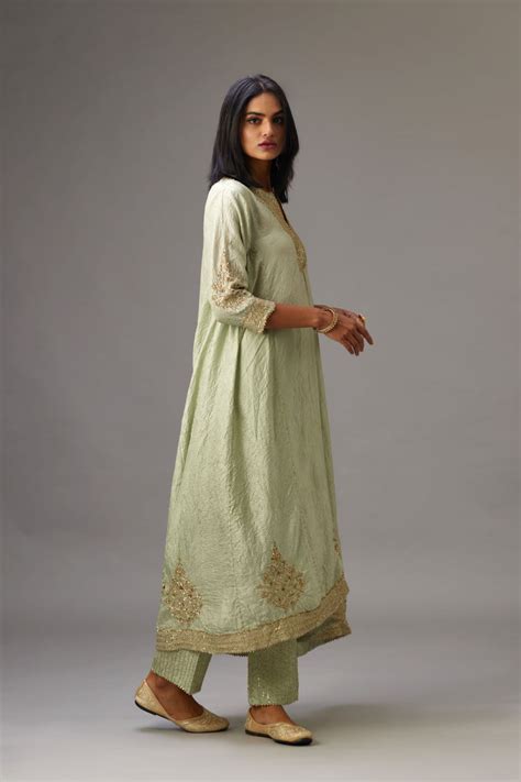 Green silk hand crushed easy fit kurta set with golden sequins bootas ...
