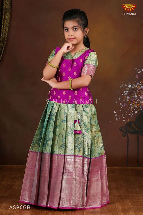 Girls Pink Lilly JKD Green Pattu Pavadai in Elbow Sleeve