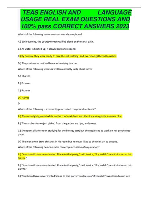 TEAS ENGLISH AND LANGUAGE USAGE REAL EXAM QUESTIONS AND 100% pass ...