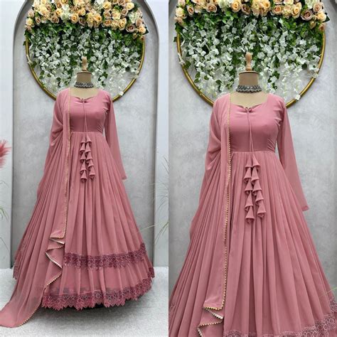 Good Looking Lace Border Dusty Pink Gown With Plain Dupatta – subhvastra