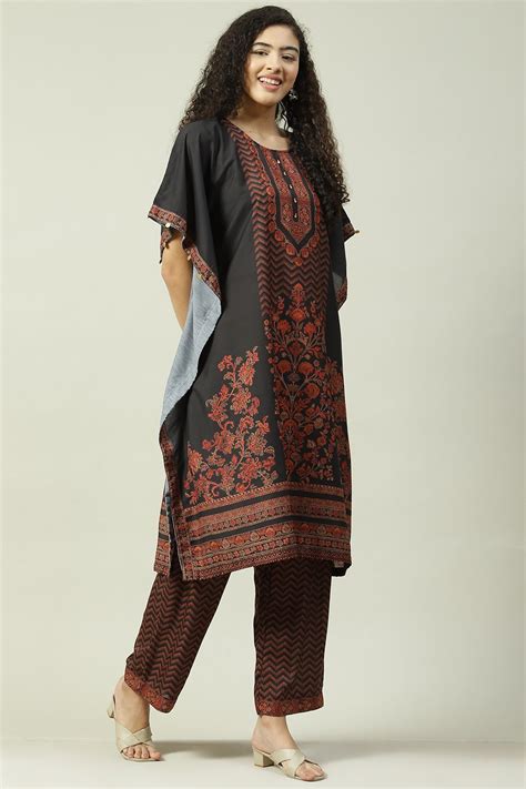 Black Art Silk Kaftan Kurta Palazzo Suit Set at Biba India