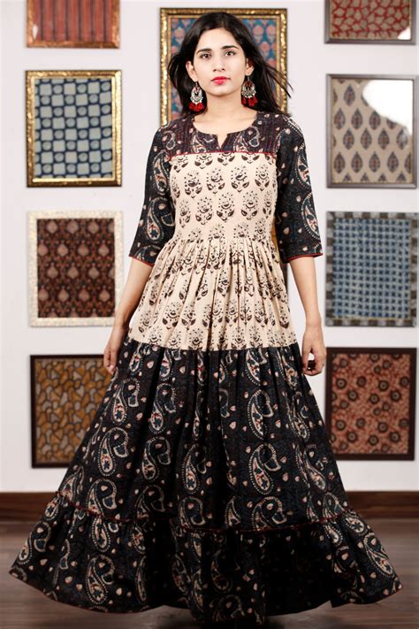 Black Beige Teal Green Hand Block Printed Long Tier Dress With Pin Tuc ...