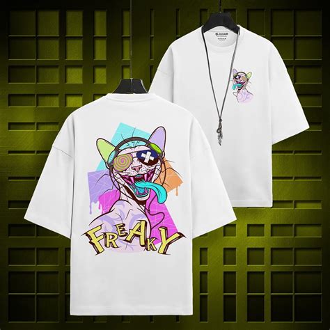 FREAKY Half Sleeve Oversized T-Shirt with Colorful Cat Print | Juxar