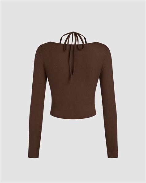 Long Sleeve Crop Top with Neck Tie in Brown - Littlebox India