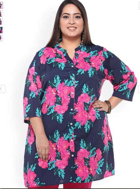 Plus Size Navy & Pink Floral Print Polyester Tunic
