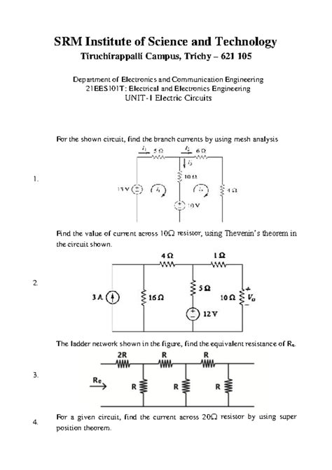 EEE 21EES101T: Electric Circuits Question Bank - Unit 1 - Studocu