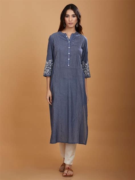 Buy Off White Embroidered Cotton Dyed Kurta with Grey Pants - Set of 2 ...