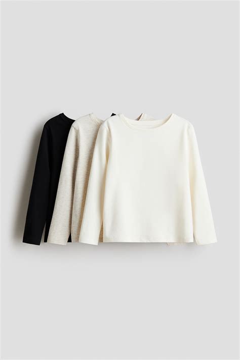 Light beige marl/White/Black 3-pack long-sleeved tops for kids | H&M IN
