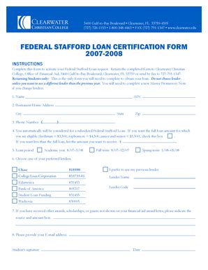 Fillable Online clearwater Federal stafford loan certification form ...