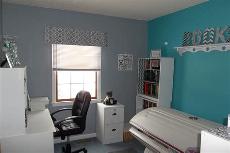 Gray Home Office with Teal Accent Wall